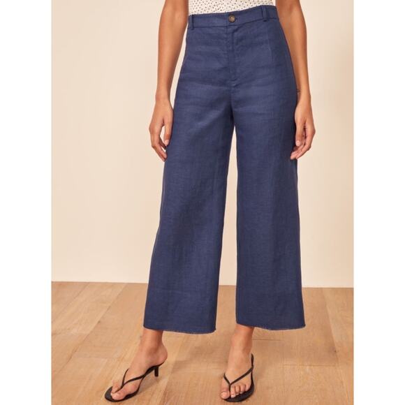 Reformation 0 blue linen wide leg raw hem pants - Picture 1 of 5